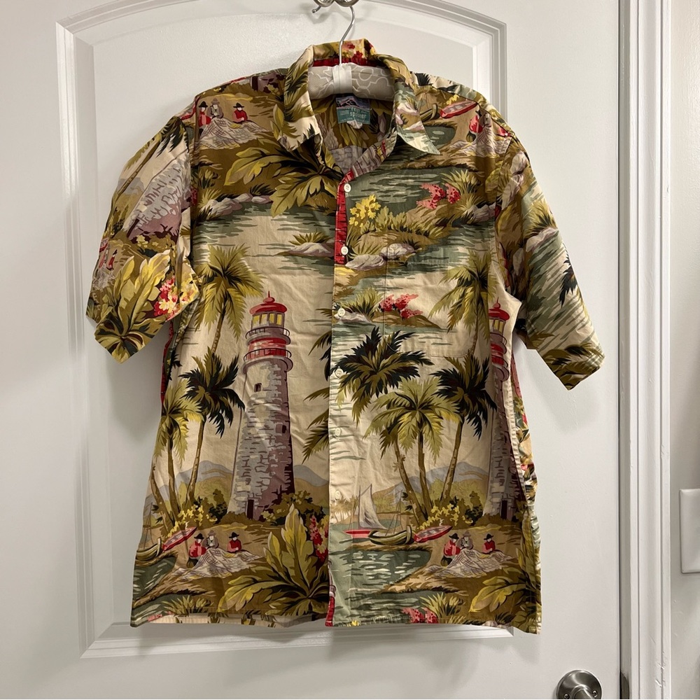 Reyn Spooner Hawaiian Shirt  Lighthouse Island Boat Palm Tree Floral Colorful